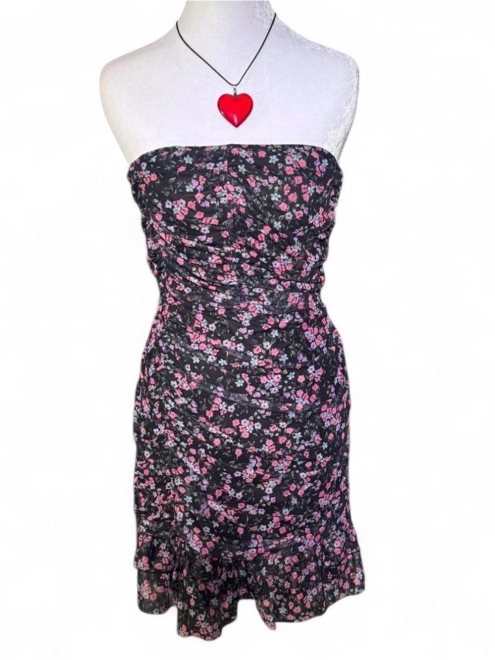 Full Tilt Black Strapless Floral Ruffle Hem Dress